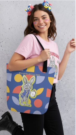Smiling woman in a pink tee carrying the blue geometric White Rabbit Perpetually Late tote on her shoulder, rabbit and cracked watch on the front. GrungePup That Girl, Alice.