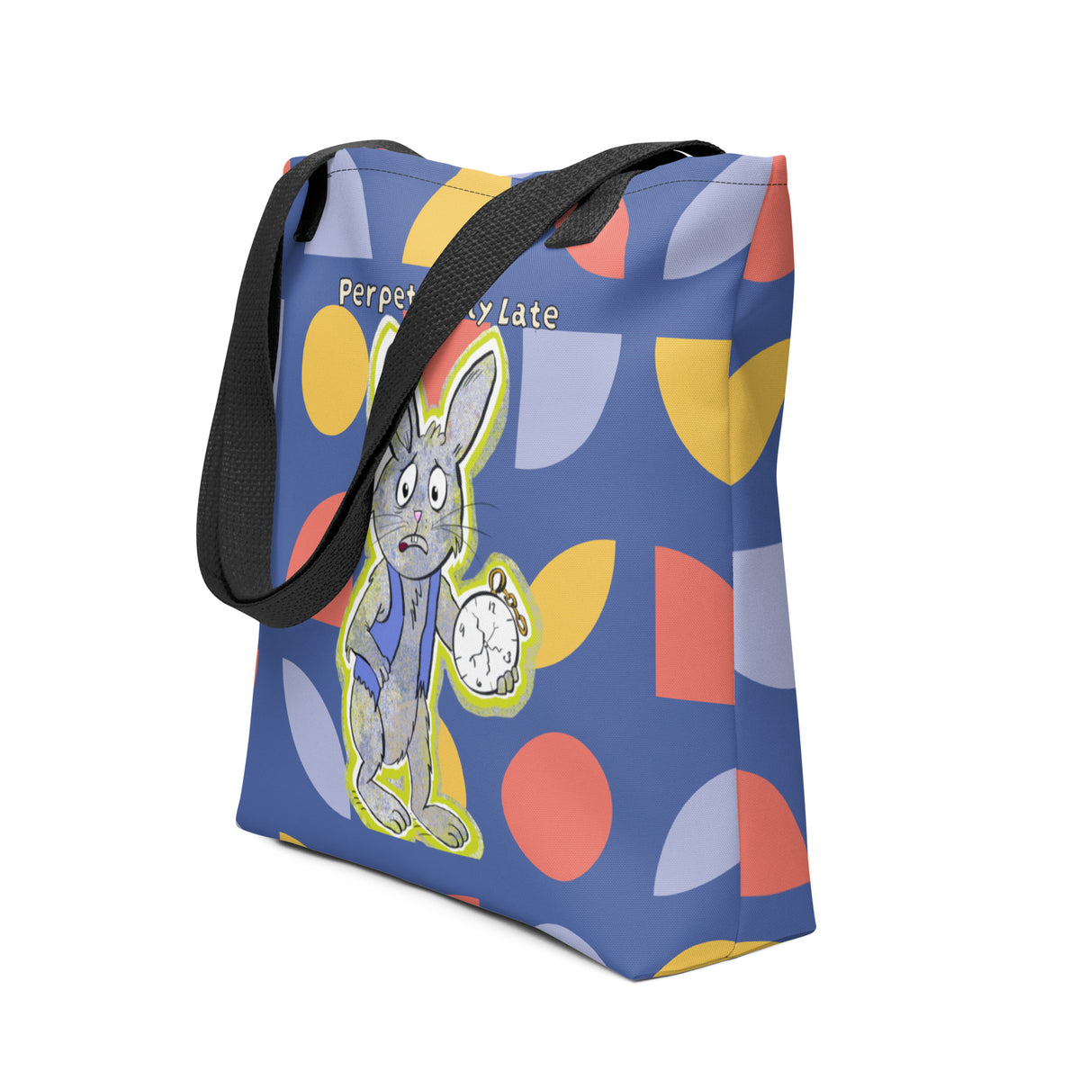 Side angle of the White Rabbit Perpetually Late all-over print tote showing the blue geometric print and black straps. GrungePup That Girl, Alice.