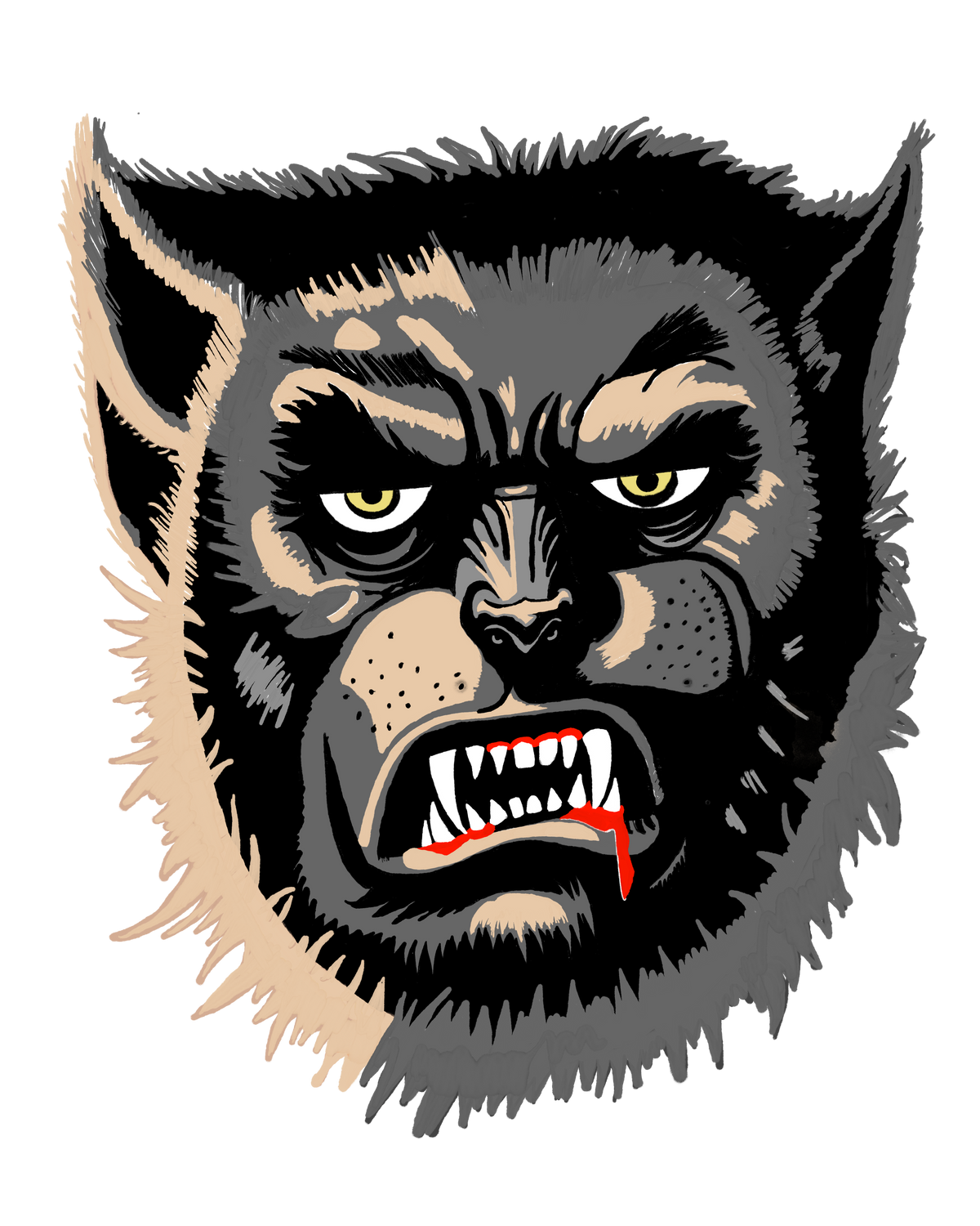 Close-up of the Wolfman face-only artwork on black, yellow eyes, tan and grey fur, bared teeth, and a small red lip drip