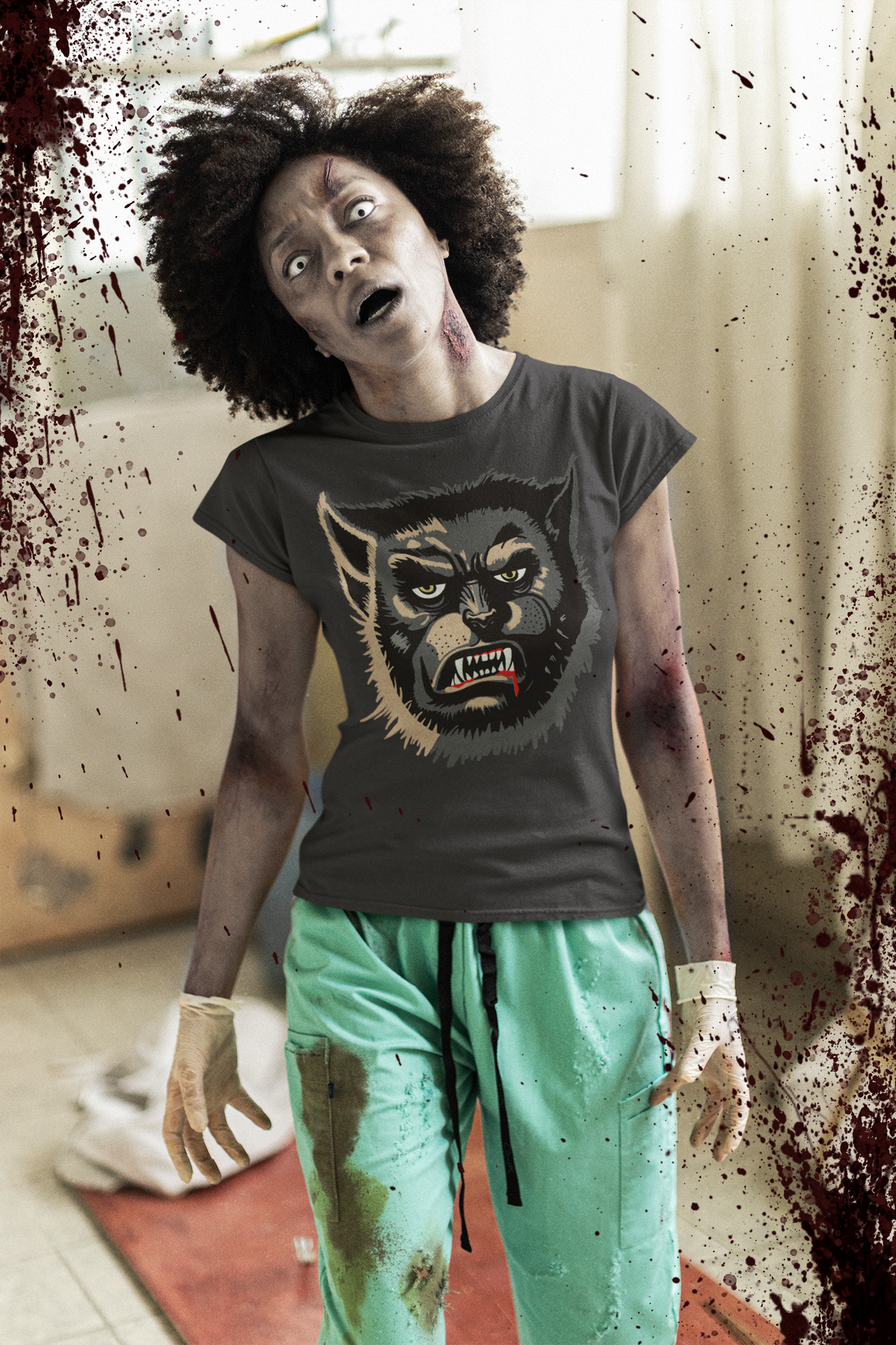 Woman styled as a hospital zombie in mint scrubs wearing a dark grey heather Wolfman t-shirt with the face-only Wolfman print