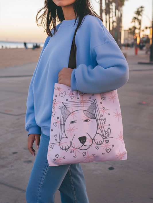 Woman in blue sweatshirt walking outdoors carrying a pink Pup Love tote bag featuring a cute dog illustration from GrungePup Paws N' Chaos collection
