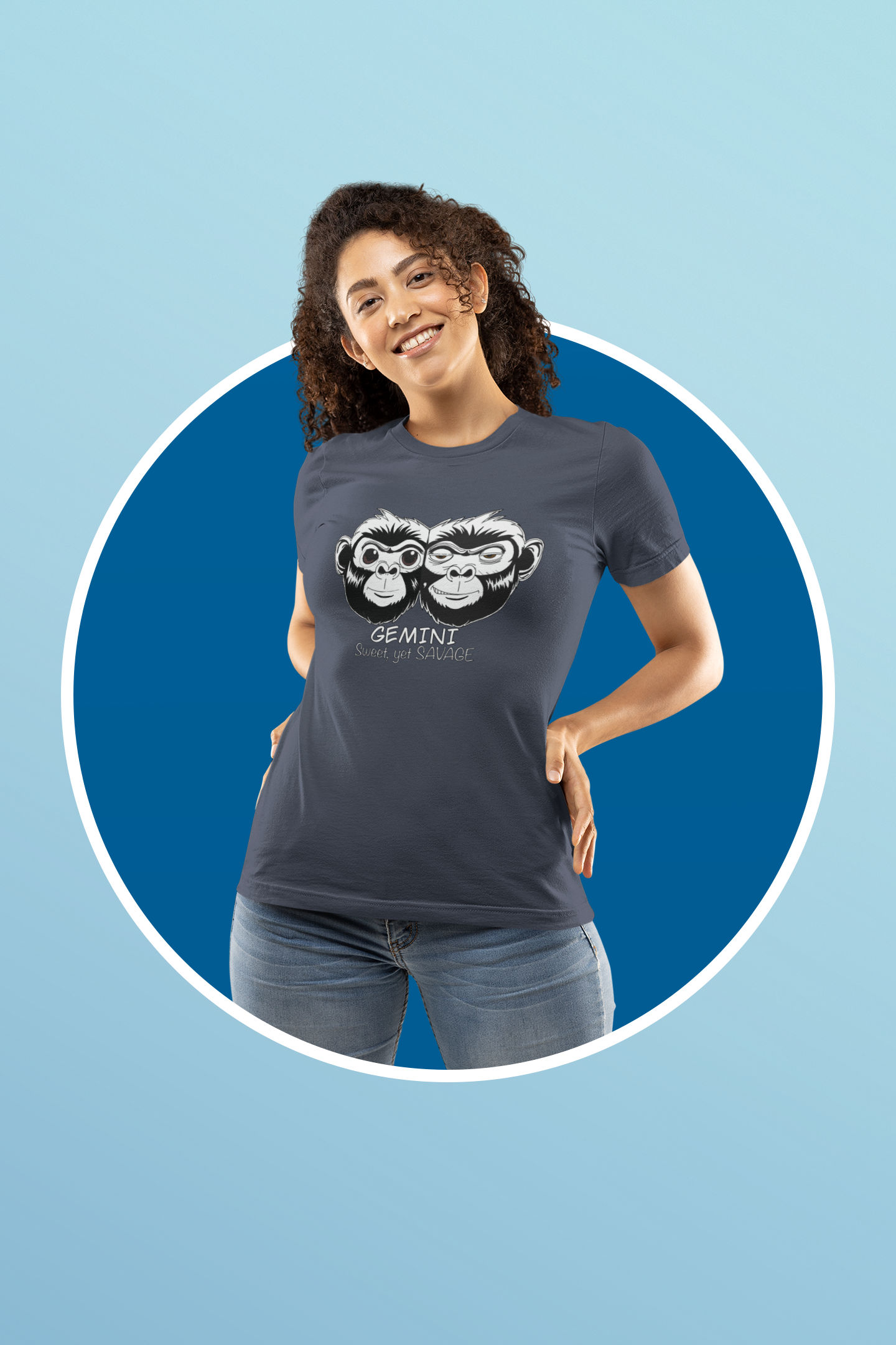 Woman smiling inside a blue circle frame while wearing a heather navy Gemini Sweet Yet Savage t-shirt
