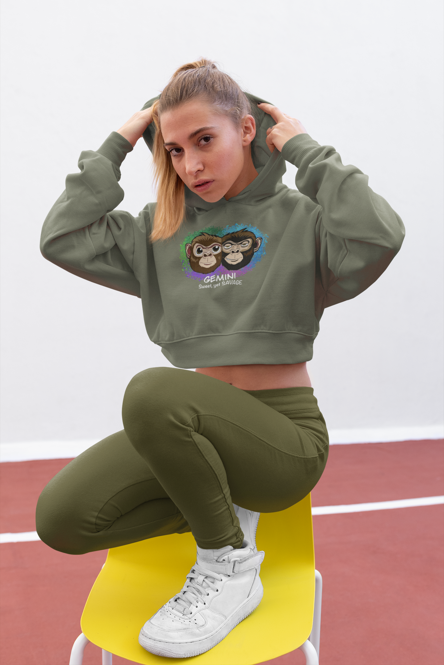 Woman with blonde hair kneeling on a yellow chair wearing a military green Gemini "Sweet, yet SAVAGE" cropped hoodie and olive pants