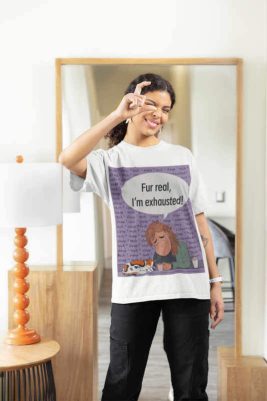 Woman smiling and taking a selfie wearing a white Fur Real, I'm Exhausted t-shirt