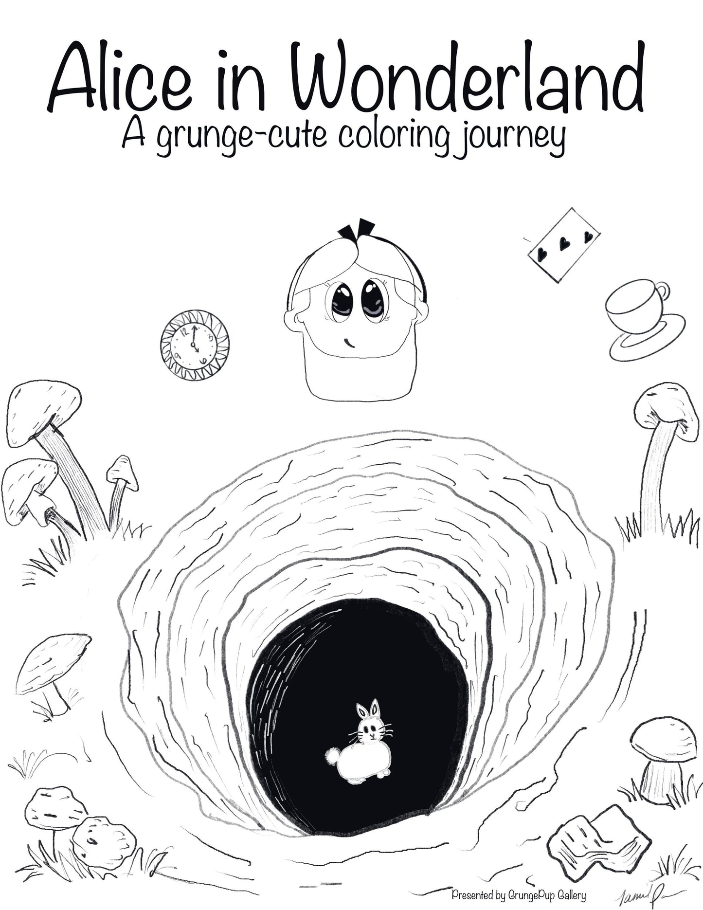 Grunge-Cute Alice in Wonderland Coloring Set - 5 Pages