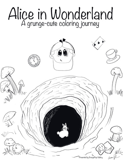 Grunge-Cute Alice in Wonderland Coloring Set - 5 Pages