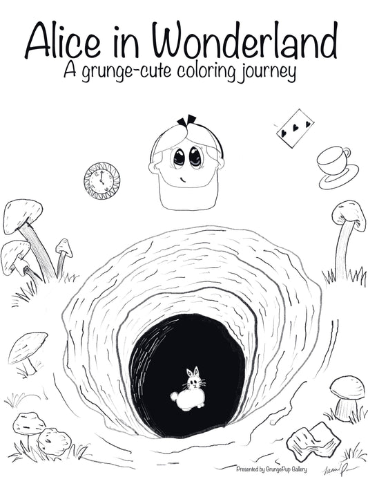 Grunge-Cute Alice in Wonderland Coloring Set - 5 Pages